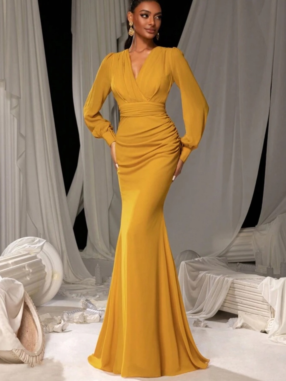 Satin Mustard Long Sleeve V-Neck Maxi Dress